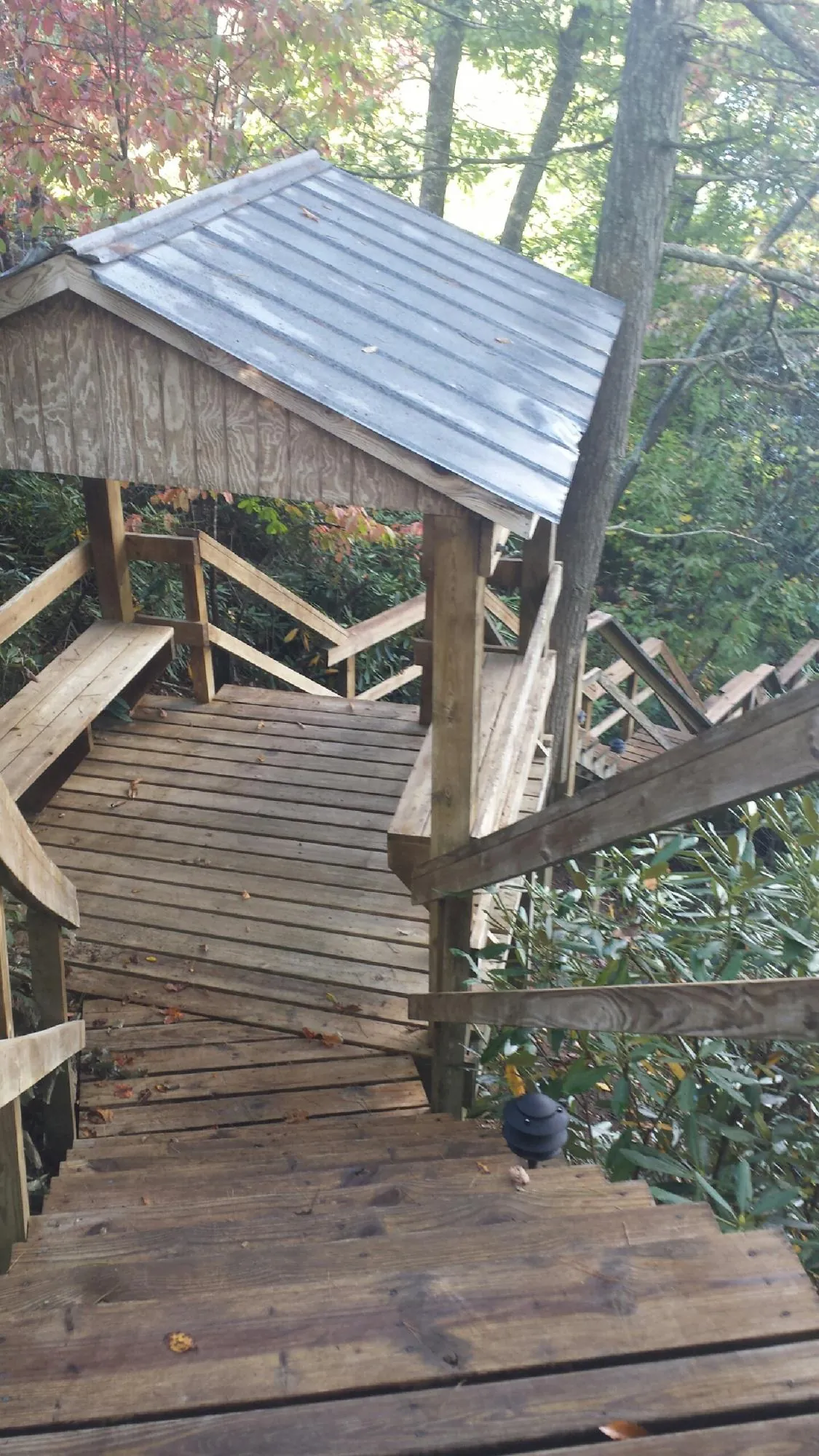 Metal roofed shelter over wooden steps on a wooded walkway — Skylight Repair & Installation work by our crew in Chaptico